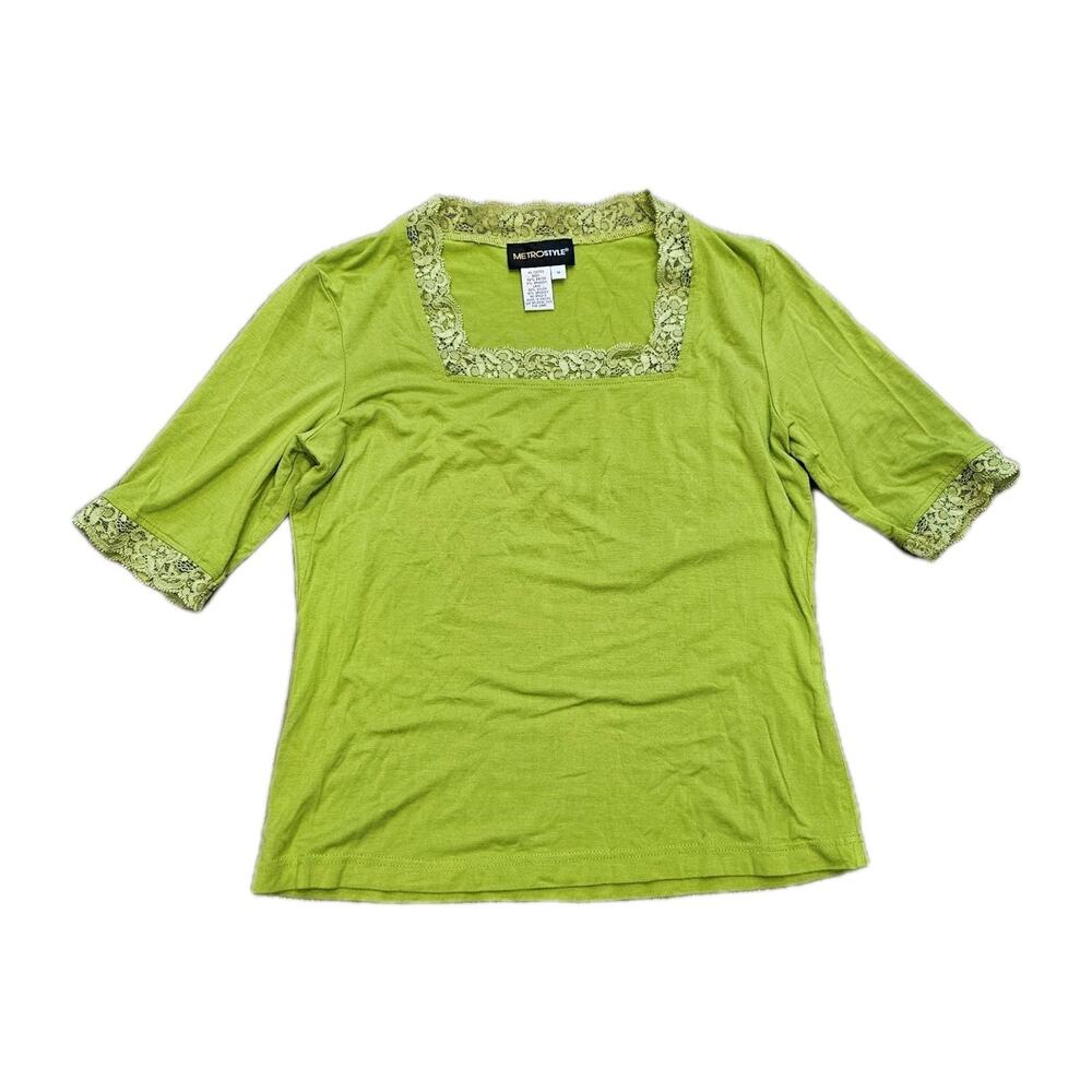 Vtg Y2K Lace Trim Blouse Womens M Lime Brat Green Square Neck Fairycore Preppy